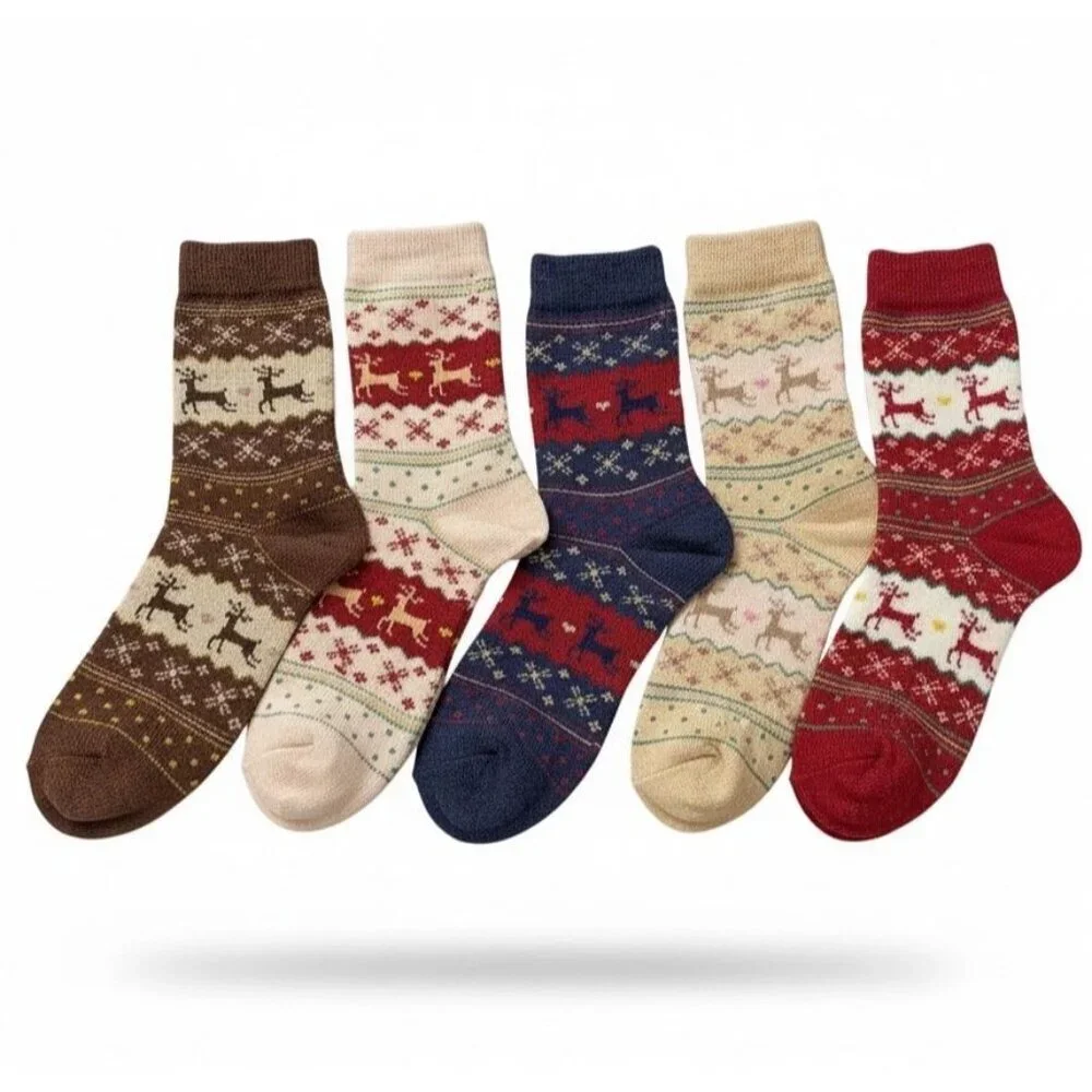NEW 5 Sets Womens Wool Blend Reindeer Fair Isle Snowflake Cabin Socks Bundle